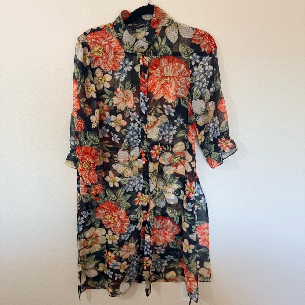 ZARA Floral Sheer Button-Up Tunic Dress
